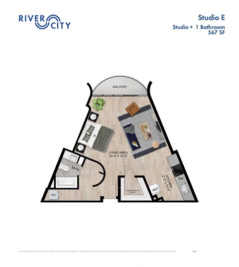 Floor plan for studio, 1 bath, 567 sqft